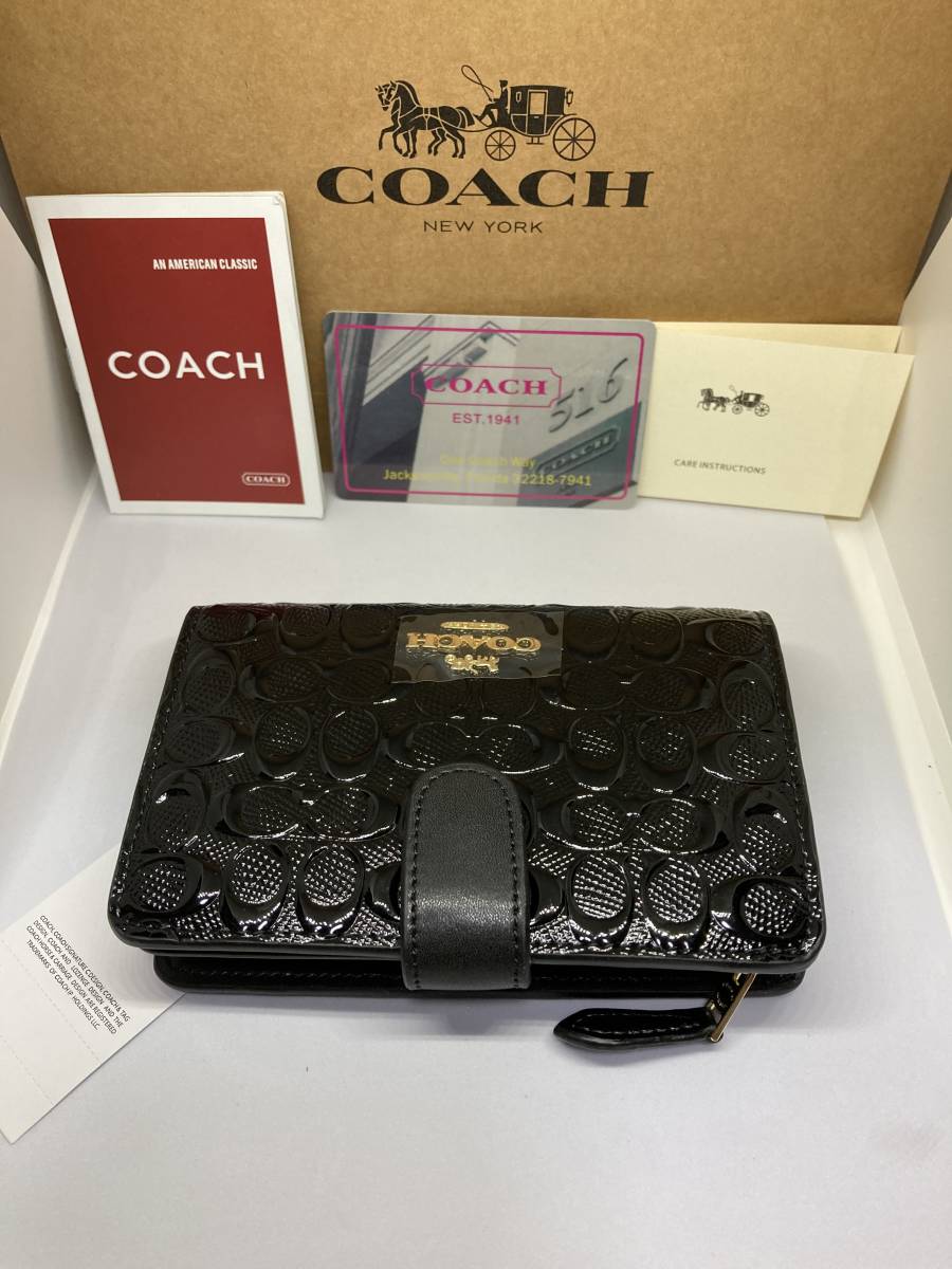 ☆新品未使用　正規品　COACH　コーチ　F25937　二つ折り財布　デボスド　パテントレザー　ミディアムコーナージップ　ブラック☆_画像3