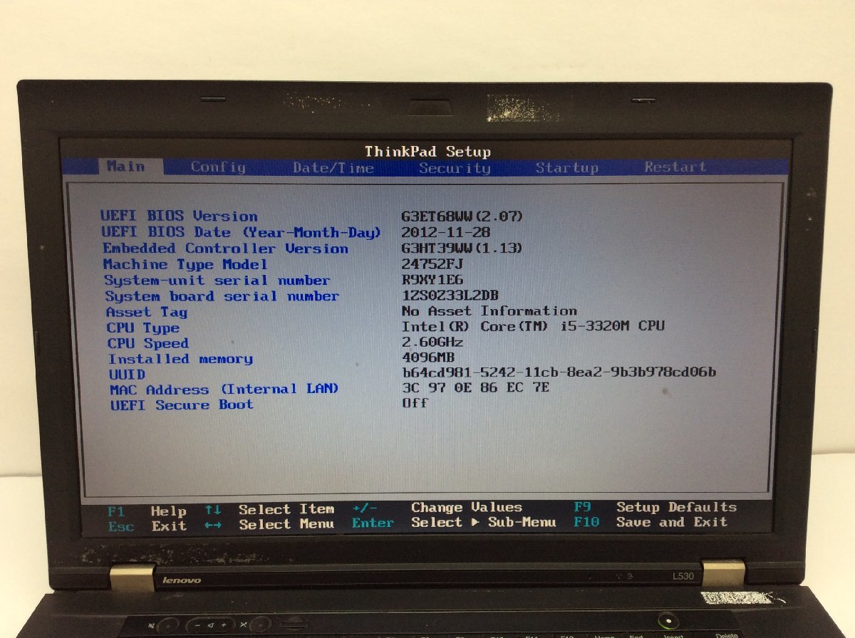 R ジャンク/ LENOVO 24752FJ ThinkPad L530 Intel Core i5-3320M メモリ4.1GB HDD320.07GB 【G17525】_液晶に写真では分かりにくい色ムラ多数あり