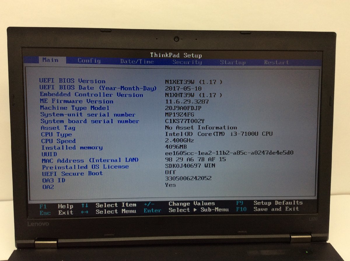 R ジャンク/ LENOVO 20J9A0FDJP ThinkPad L570 Intel Core i3-7100U メモリ4.1GB SSD128.03GB 【G17515】の画像5