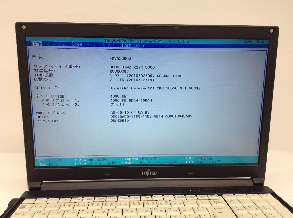 R ジャンク/ FUJITSU FMVA2000W LIFEBOOK A576/R Intel Celeron 3855U メモリ4.1GB HDD500.1GB 【G07855】_画像5