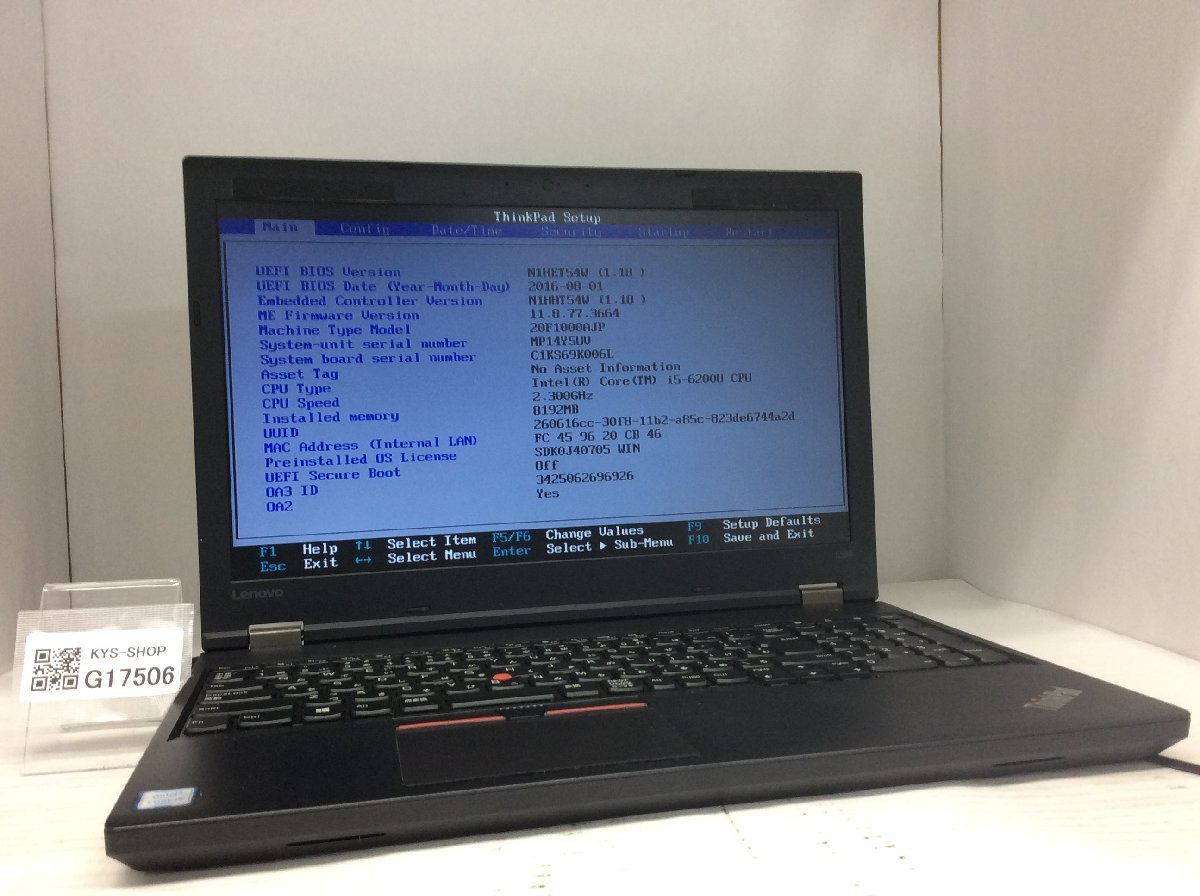 ジャンク/ LENOVO 20F1000AJP ThinkPad L560 Intel Core i5-6200U メモリ8.19GB HDD500.1GB 【G17506】の画像1