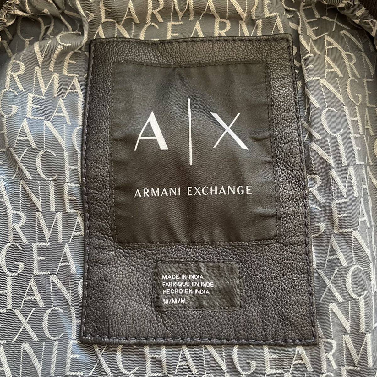 【ARMANI EXCHANGE/アルマーニ】切替デザイン◎羊革(ラムレザー)MA-1 黒 ブラック ライダースジャケット(M)ダブルジップ ロゴプレート 総柄_画像6