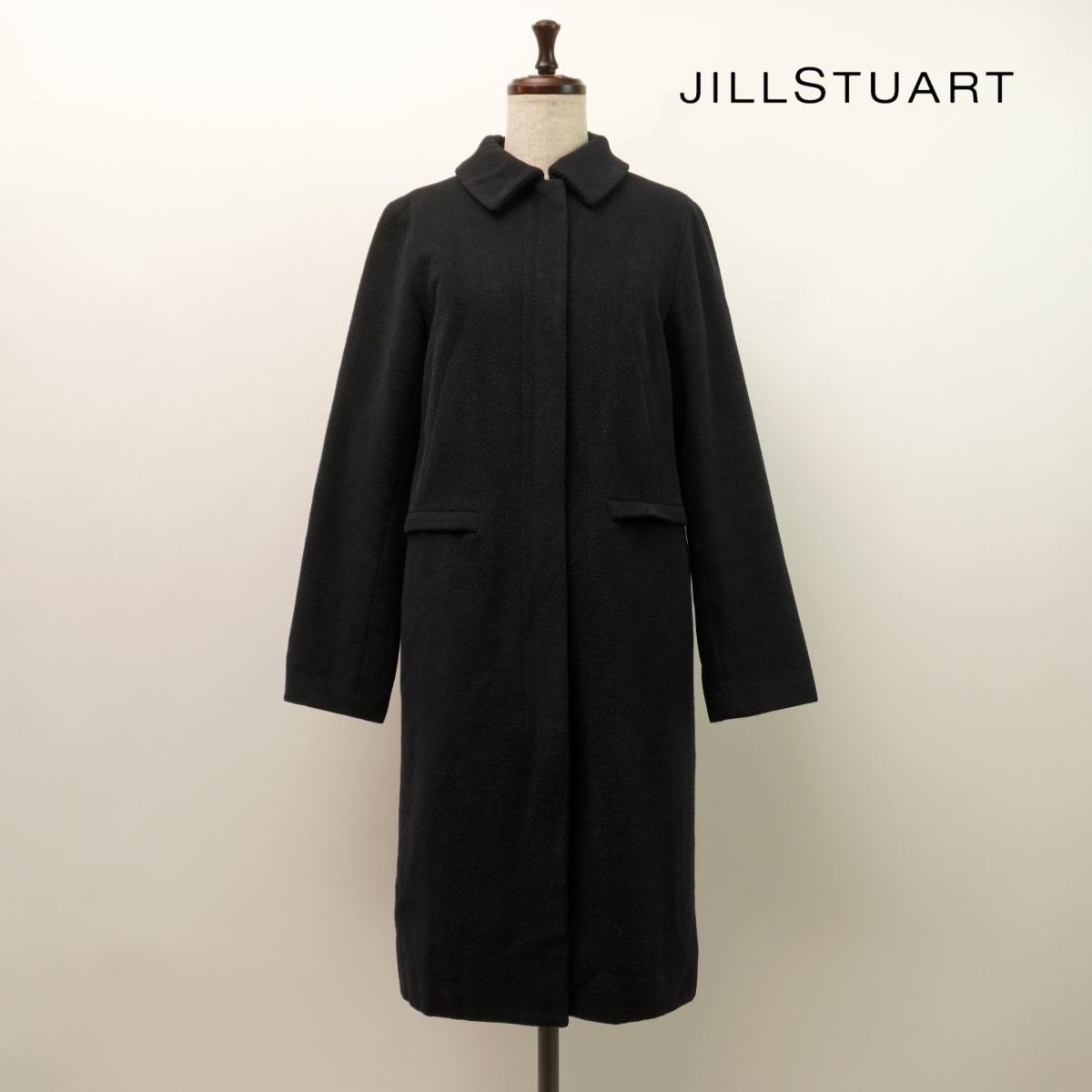 美品 JILL STUART ジル スチュアート アンゴラ混 ウール混 ステンカラーコート 比翼 アウター レディース 黒 ブラック サイズS*LC614_画像1