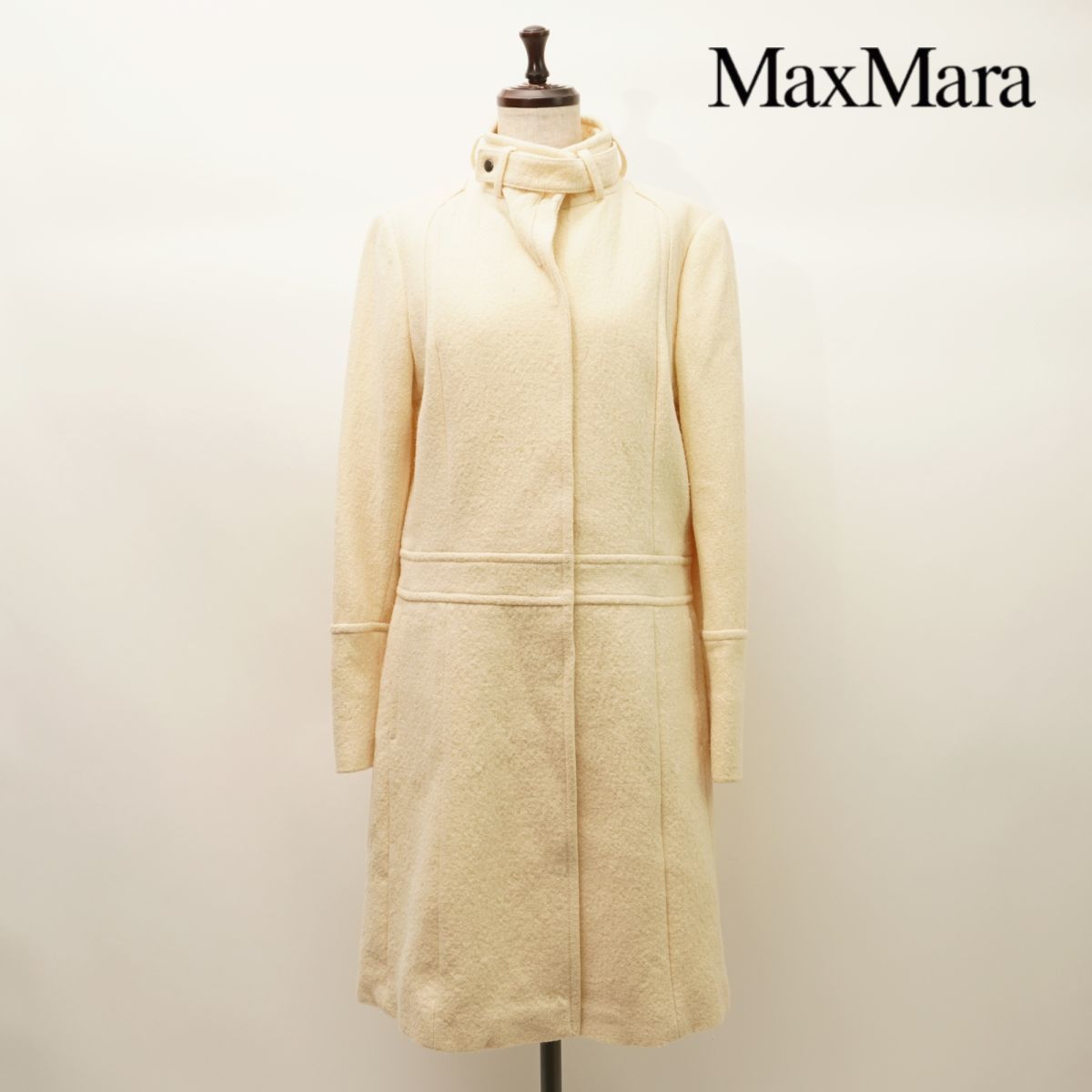 美品 Max Mara WEEKEND マックスマーラ ウール100% スタンドカラーロングコート レディース 冬物アウター クリーム色 サイズL*LC174_画像1