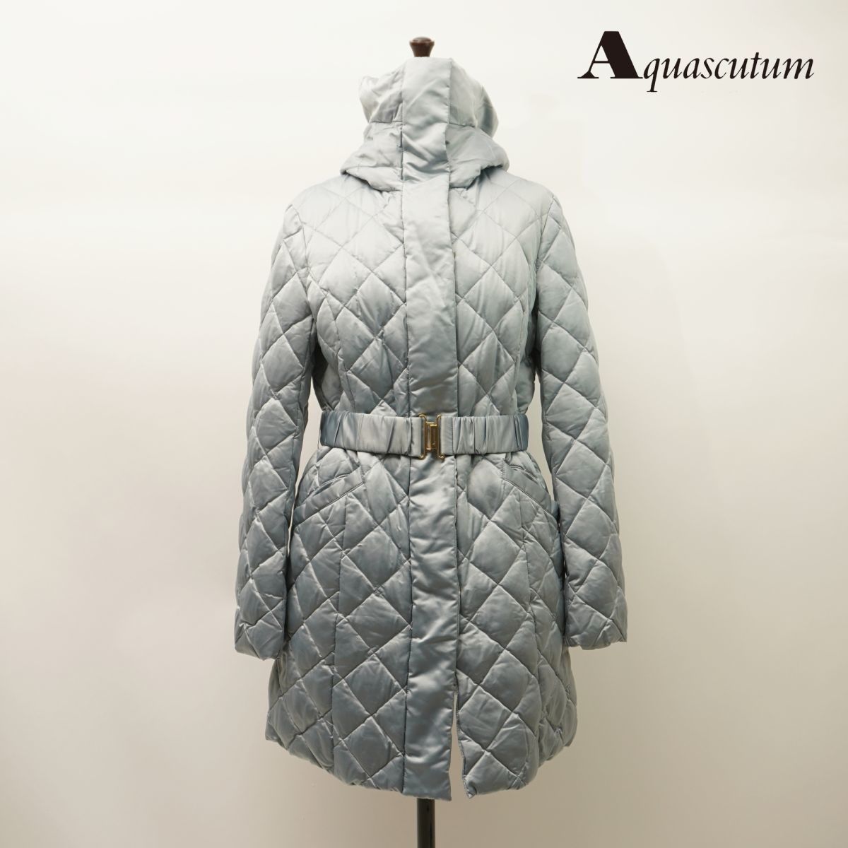 Aquascutum アクアスキュータム ダウンフェザー キルティングコート ベルト付き レディース 冬物アウター ブルーグレー サイズ8*LC185