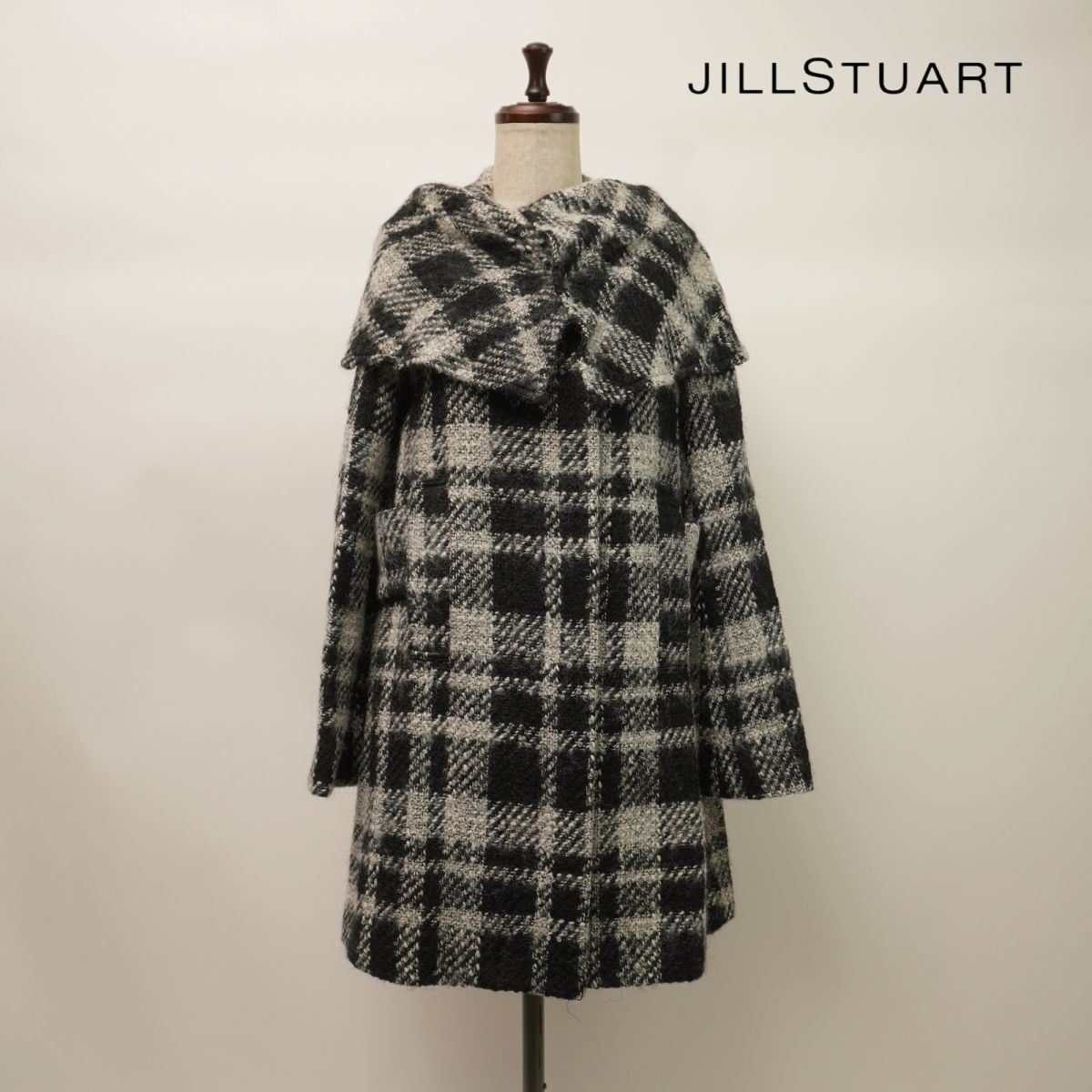 新品未使用 JILL STUART ジル スチュアート ウール モヘヤ混 チェックツイード風ビッグカラーロングコート レディース 黒 白 サイズM*LC643_画像1