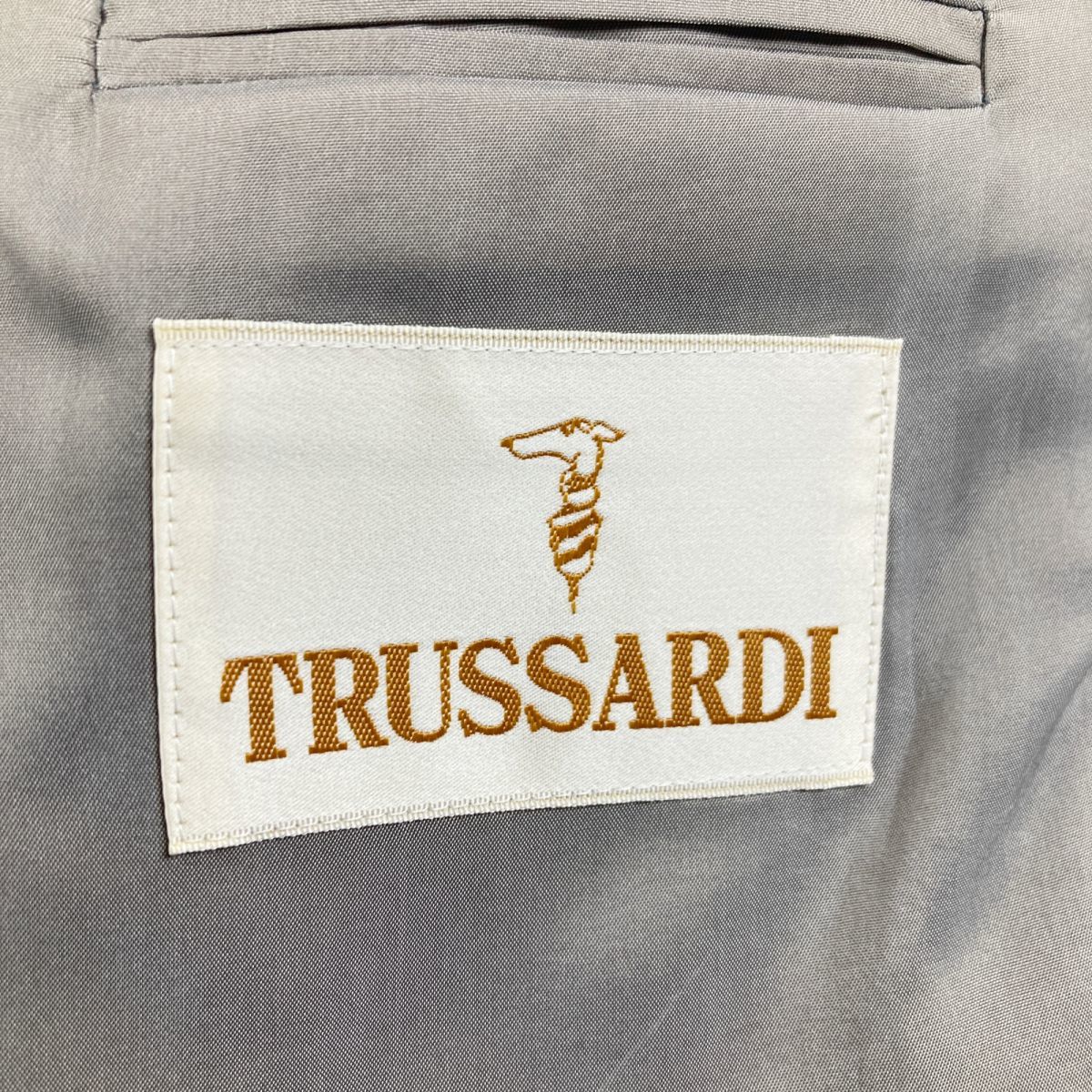 新品未使用 TRUSSARDI トラサルディ リネン ウール混 センタープレスパンツセットアップ スーツ 背抜き メンズ グレー系 サイズL*LC1258_画像7