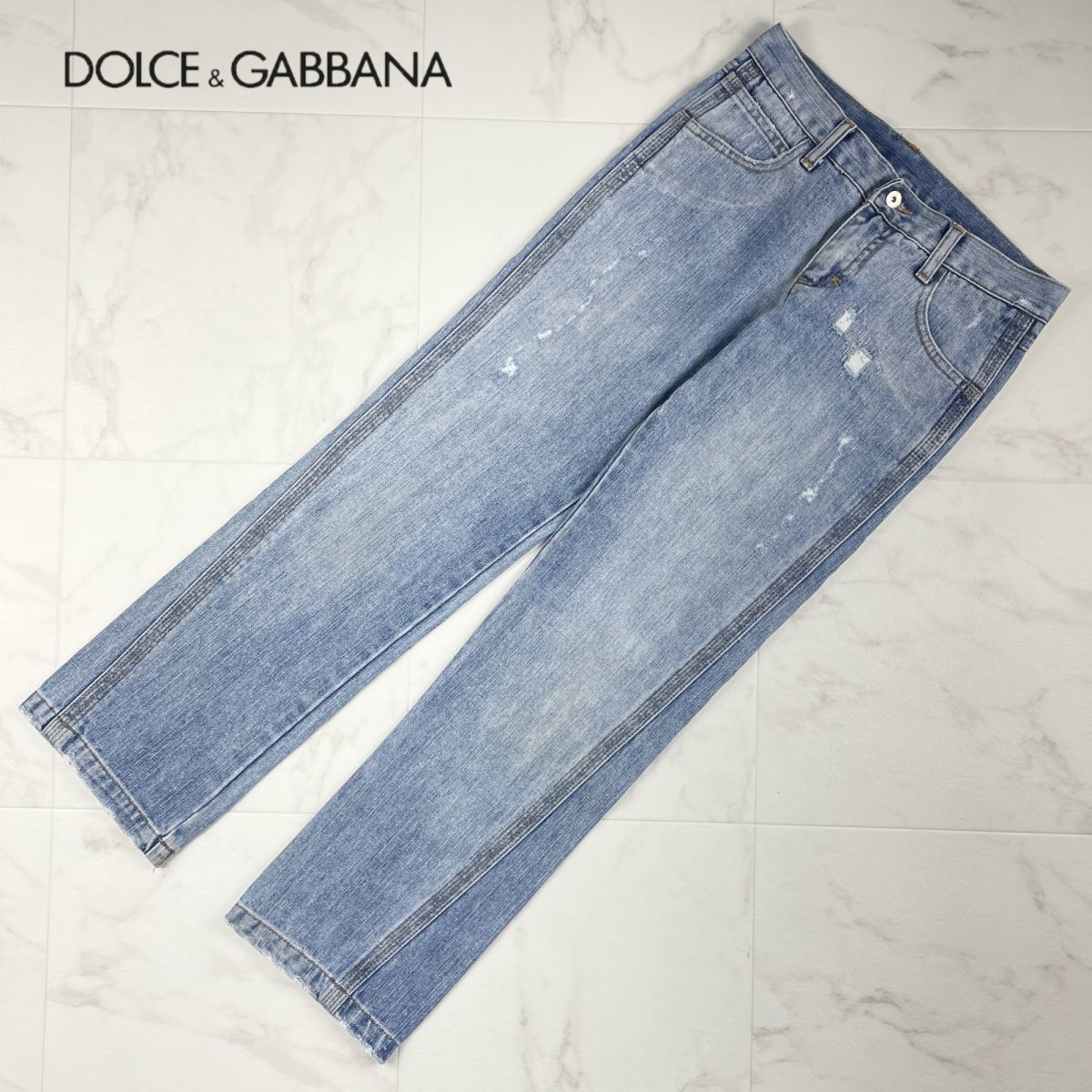 美品 Dolce&Gabbana JUNIOR ドルチェ＆ガッバーナ ダメージ加工 ストレートデニムパンツ ボトムス ライトブルー サイズXS*LC222の画像1