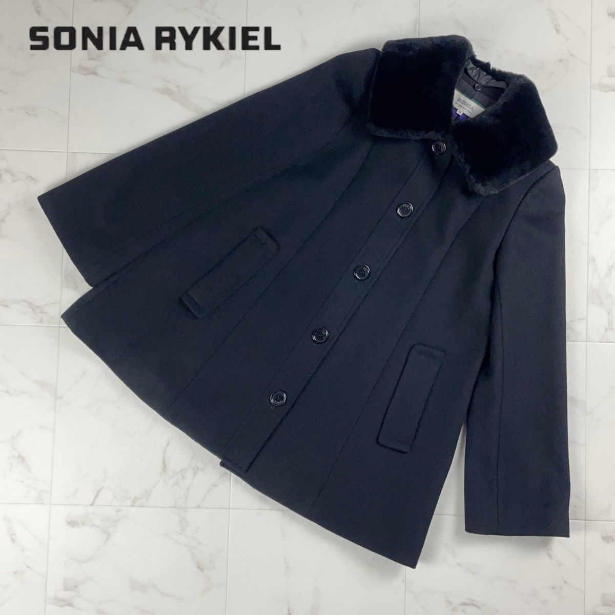 美品 SONIA RYKIEL ソニア リキエル 襟ファー フレアウールコート レディース 冬物アウター 黒 ブラック サイズ40*LC301_画像1