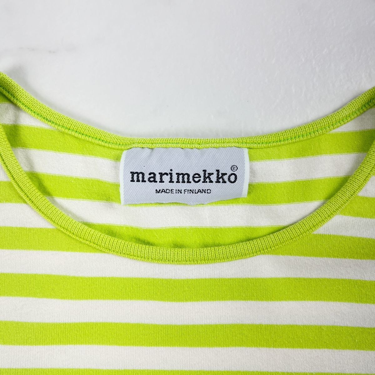 美品 Marimekko マリメッコ 丸襟ボーダー柄Tシャツ 半袖 トップス レディース 白 ホワイト グリーン サイズM*LC1388の画像5