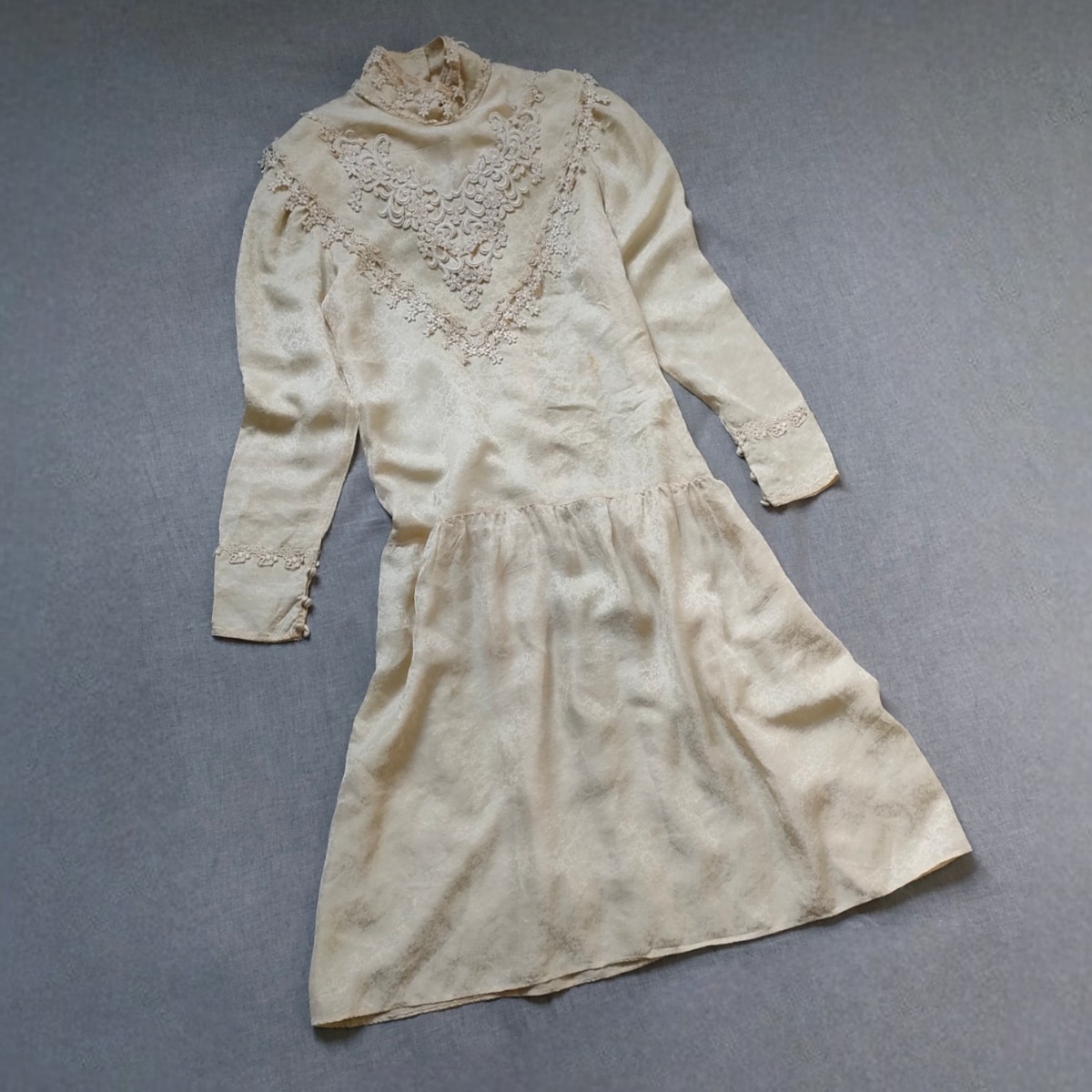 ガニーサックス GUNNE SAX シルクドレス ワンピース チュニック ローウエスト スタンドネック 70〜80年代 ジャガード サテン _画像1