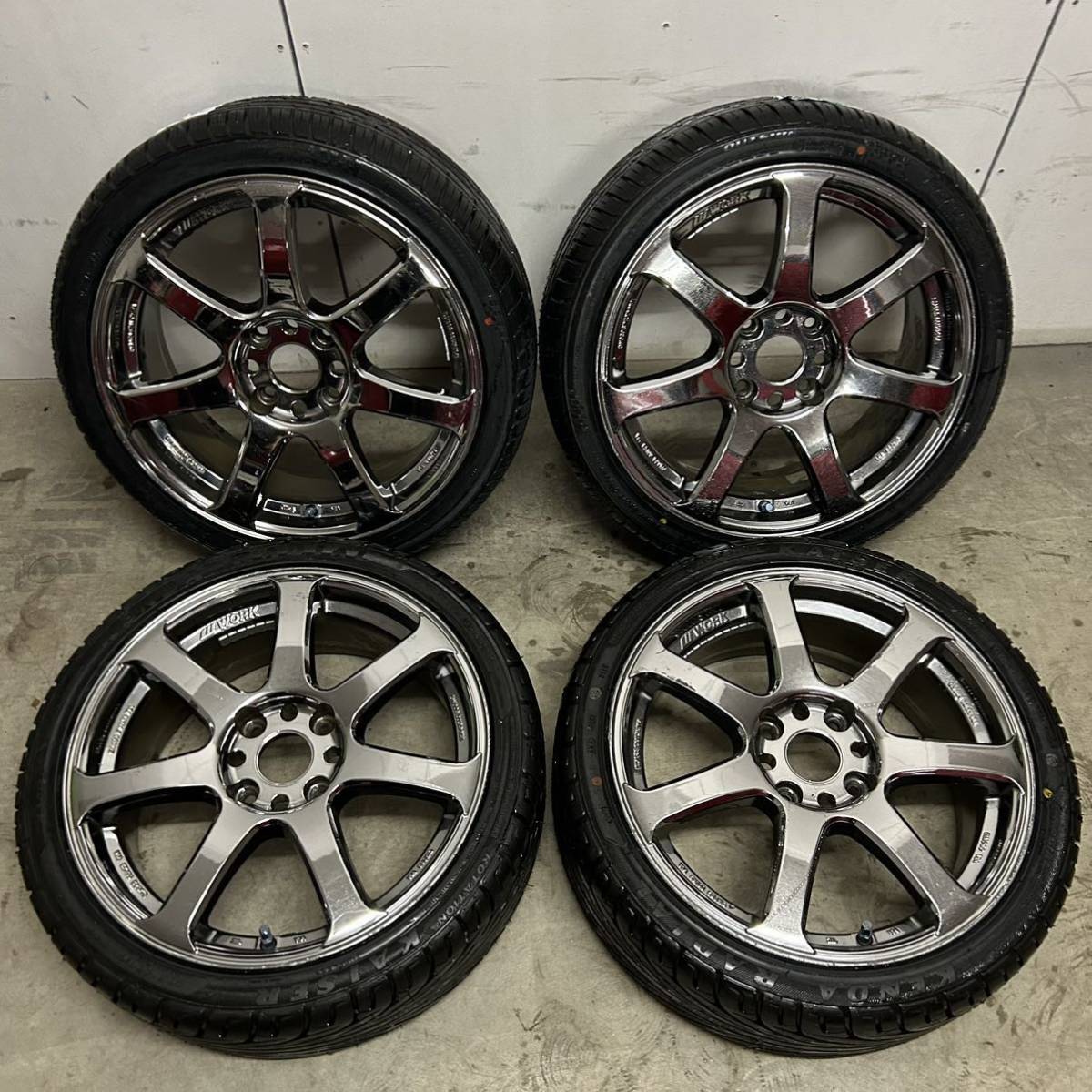 廃盤 希少 Work Emotion XT7 4本新品タイヤ交換済み 205/40r17 17インチ PCD 114.3 7J +42 メッキ ワーク エモーション ホイール タイヤ_画像1