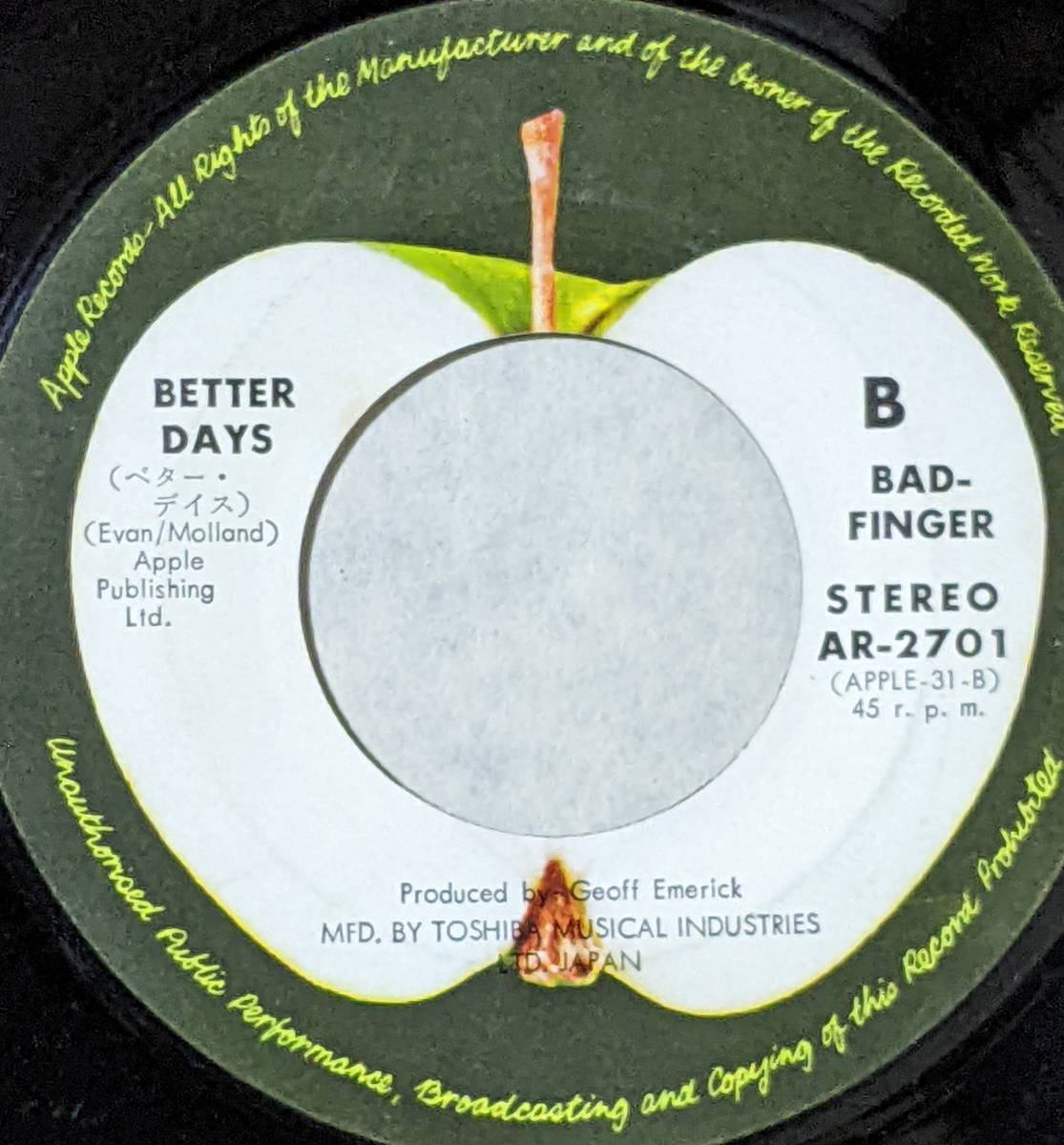 70's バッド・フィンガー Badfinger (\ 400 国内盤7inch) / 嵐の恋 No Matter What ベター・デイズ Apple Records AR-2701 1970年_画像6