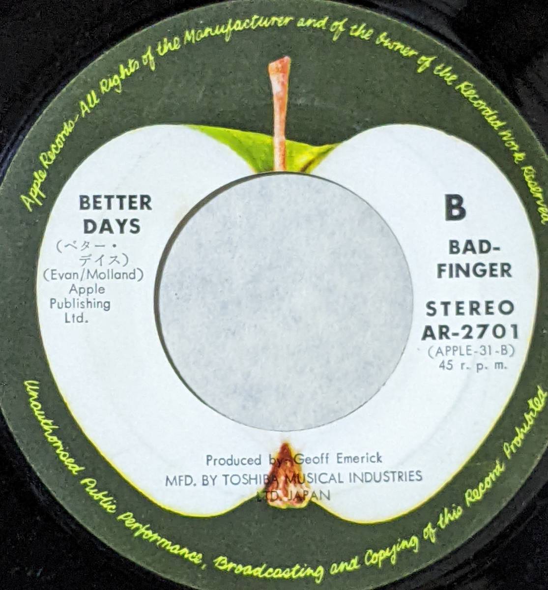 70's バッド・フィンガー Badfinger (\ 400 国内盤7inch) / 嵐の恋 No Matter What ベター・デイズ Apple Records AR-2701 1970年_画像10