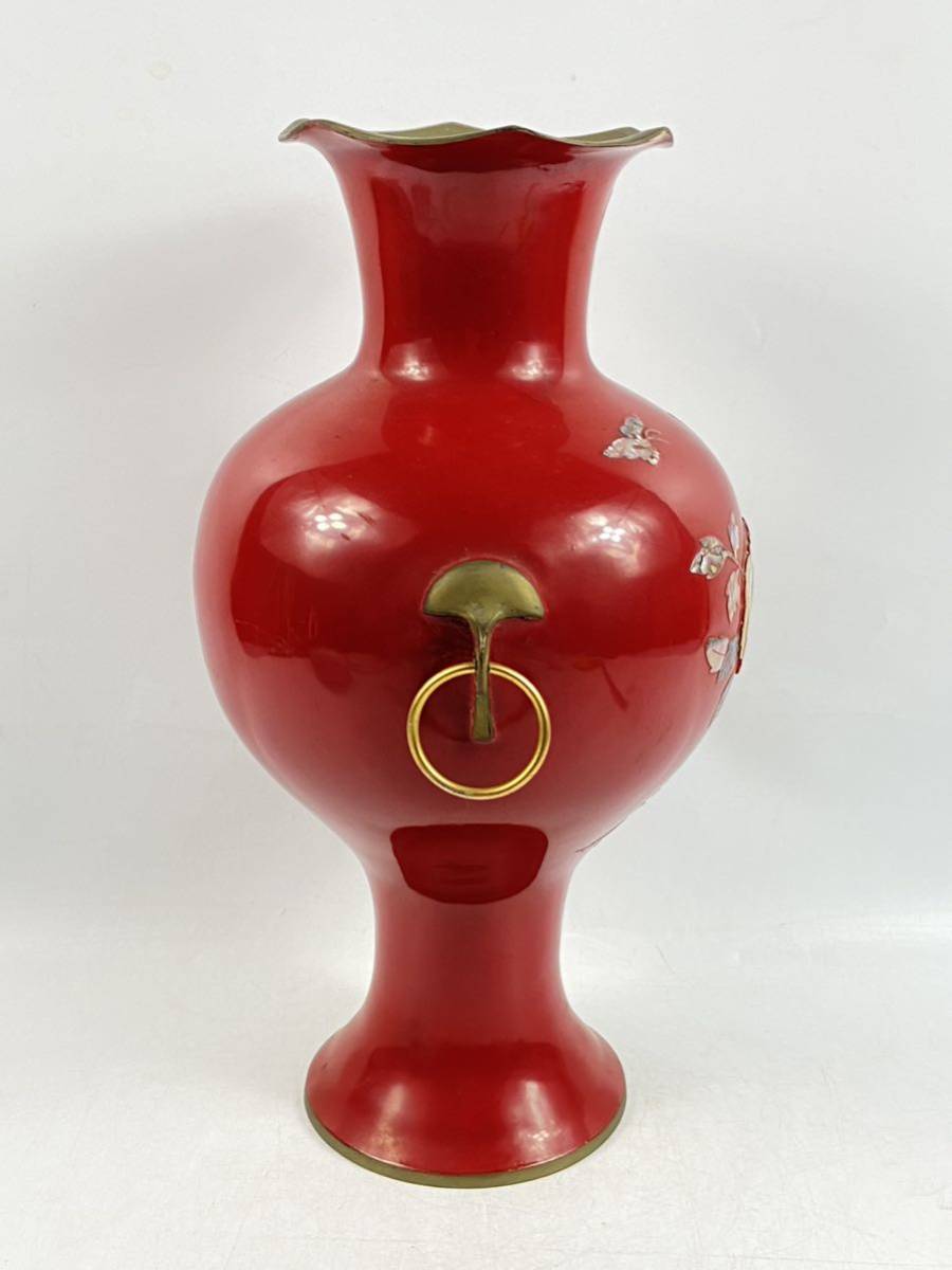 【福蔵】韓国 花瓶 漆器 象嵌 螺鈿細工 赤 高さ33.7cm_画像2