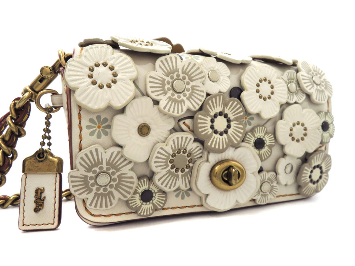 14487 beautiful goods COACH Coach Tea Rose tea rose Dinky flower original leather chain Cross body shoulder bag purse beige 