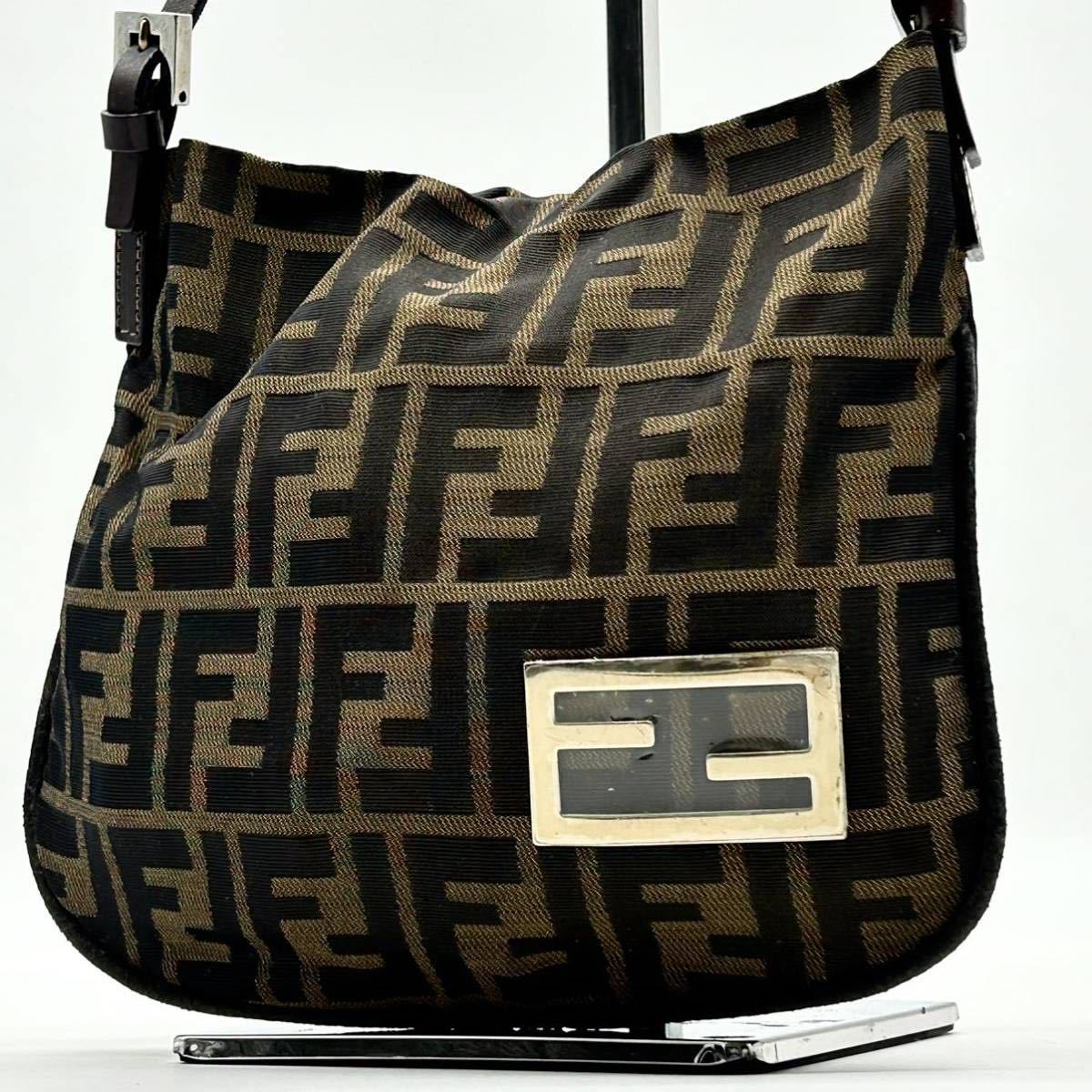 1円●高級●FENDI フェンディ ズッカ FF金具 アクセサリーポーチ ミニバッグ ハンドバッグ 肩掛け可 レザー キャンバス レディース 茶_画像1