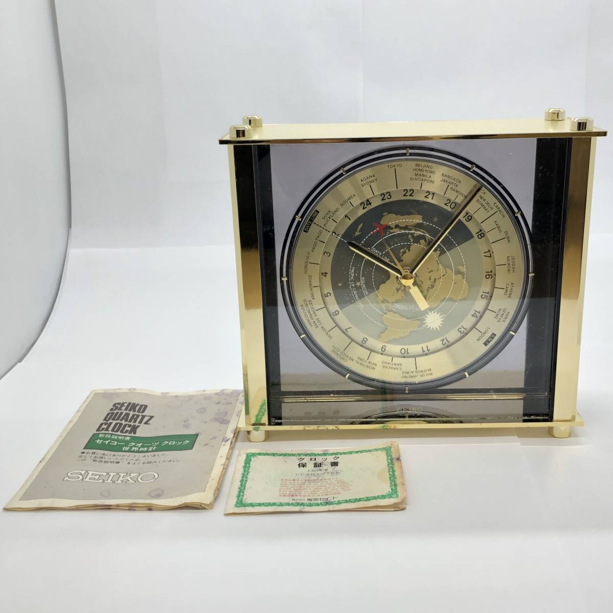 SEIKO セイコー QUARTZ CLOCK QZ210G 世界時計 ワールドタイム 稼働品 現状品 置き時計 クオーツ 電池式 ゴールド_画像1