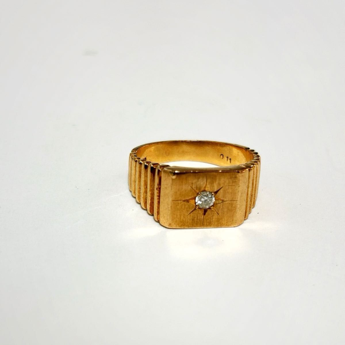  K18 金　指輪　リング　 一粒ダイヤ  和彫 八光留め　20号　8g シンプル 印台 イエローゴールド