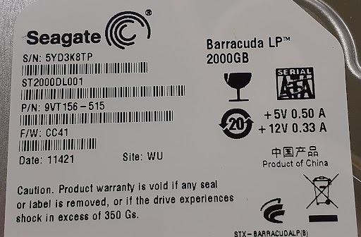 L0110-01　3.5インチHDD Seagate ST2000DL001-9VT156 2TB　_画像3
