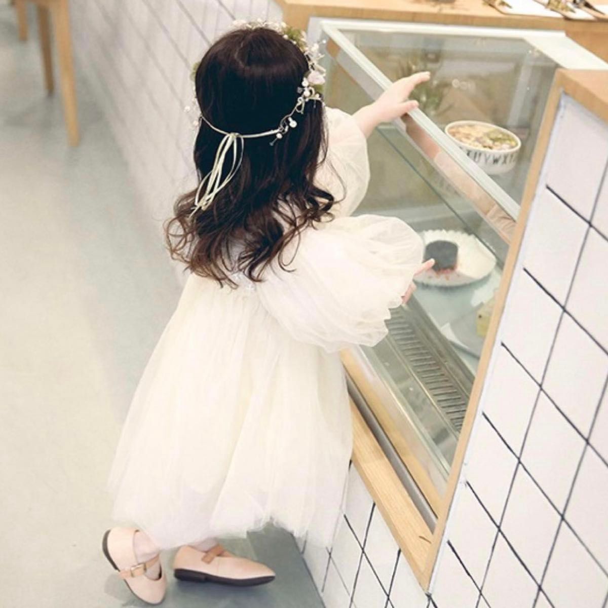 【80サイズ】ベビードレス　韓国　セレモニー 白チュール 刺繍 レース