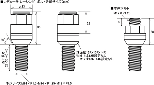KYO-EI キョウエイ レデューラレーシング ボルト M14×P1.25 17HEX 60°首下28mm ブラック[ ボルト20本]※受注生産商品の画像3