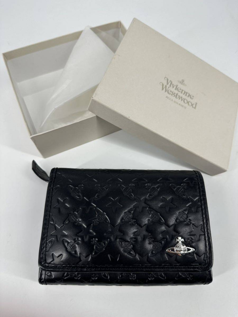 希少/美品/vivienne westwood/レザー スター 型押し 二つ折り財布/黒/ヴィヴィアンウエストウッド/ウォレット 本革 長財布 カードケース 星_画像1