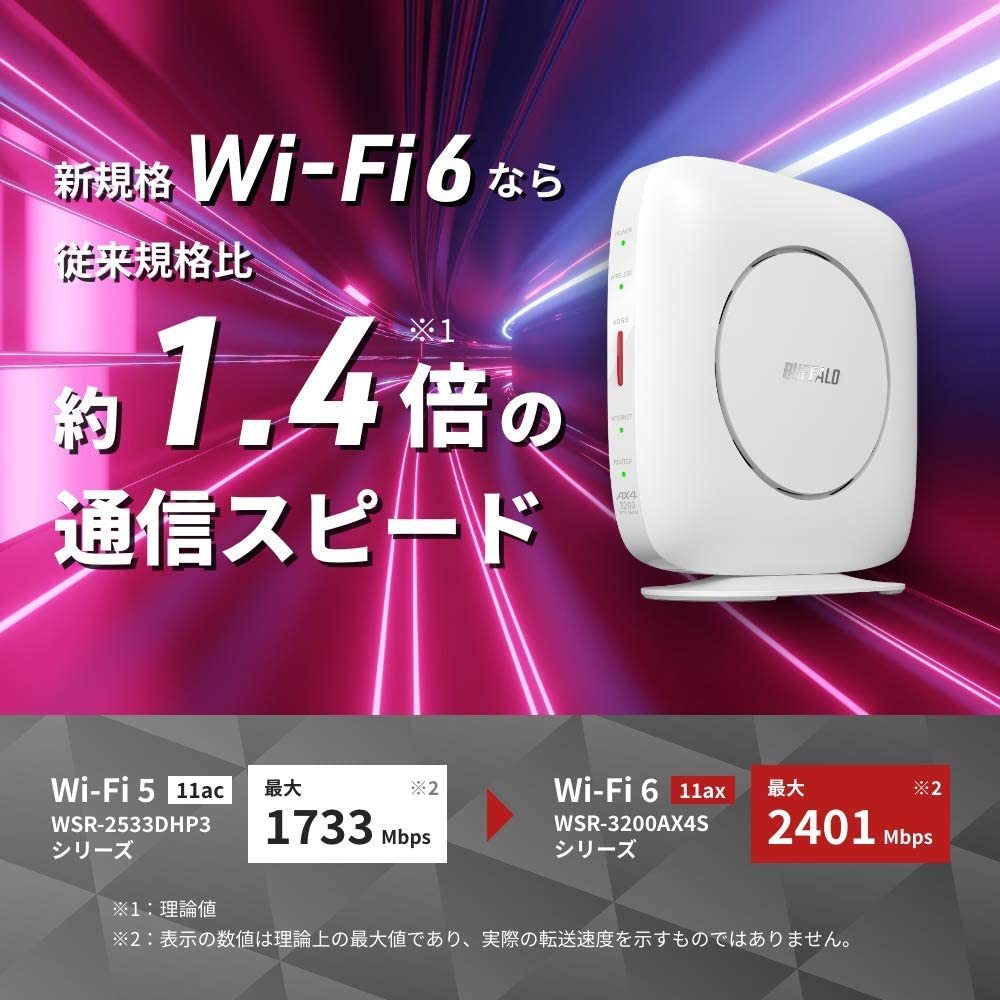 ■送料無料■美品■【BUFFALO　無線LAN親機　Wi-Fi 6 対応ルーター　WSR-3200AX4B-WH　ホワイト】最新規格 WiFi6(11ax)対応　2401+800Mbps