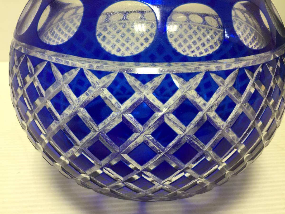 ♪硝子水指 丸型 ガラス器 ガラス工芸 茶道具 華道具 ブルー 青 中古 (NF240106) 498-93_画像3
