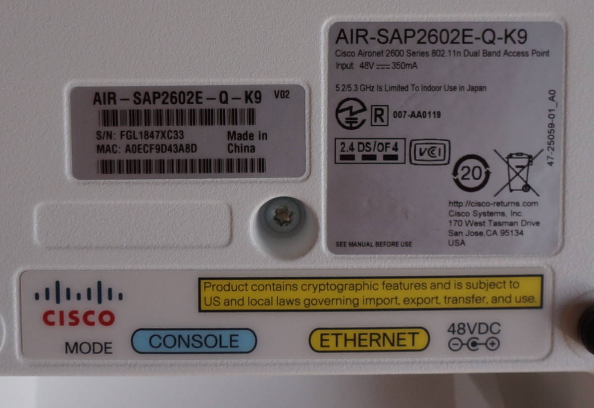 未使用 Cisco シスコ Aironet 2600シリーズ 自立型 アクセスポイント AIR-SAP2602E-Q-K9 無線LAN その3_画像4