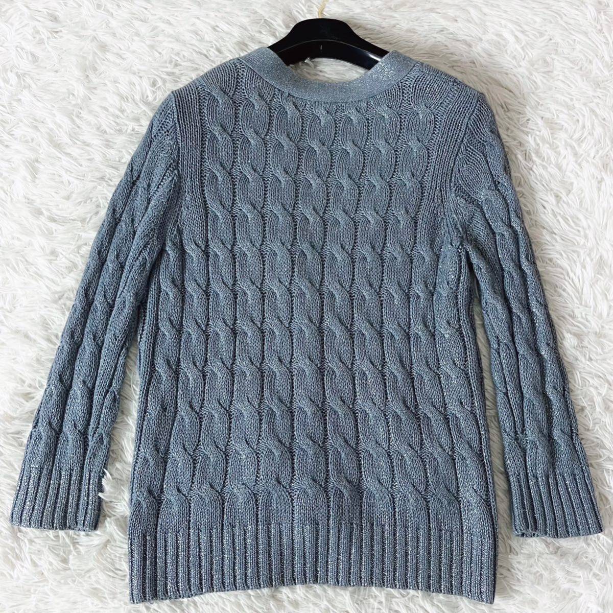 Drawer Drawer linen flax cotton cable knitted cable braided cardigan long sleeve rib sleeve lame lustre feeling V neck blue blue 1