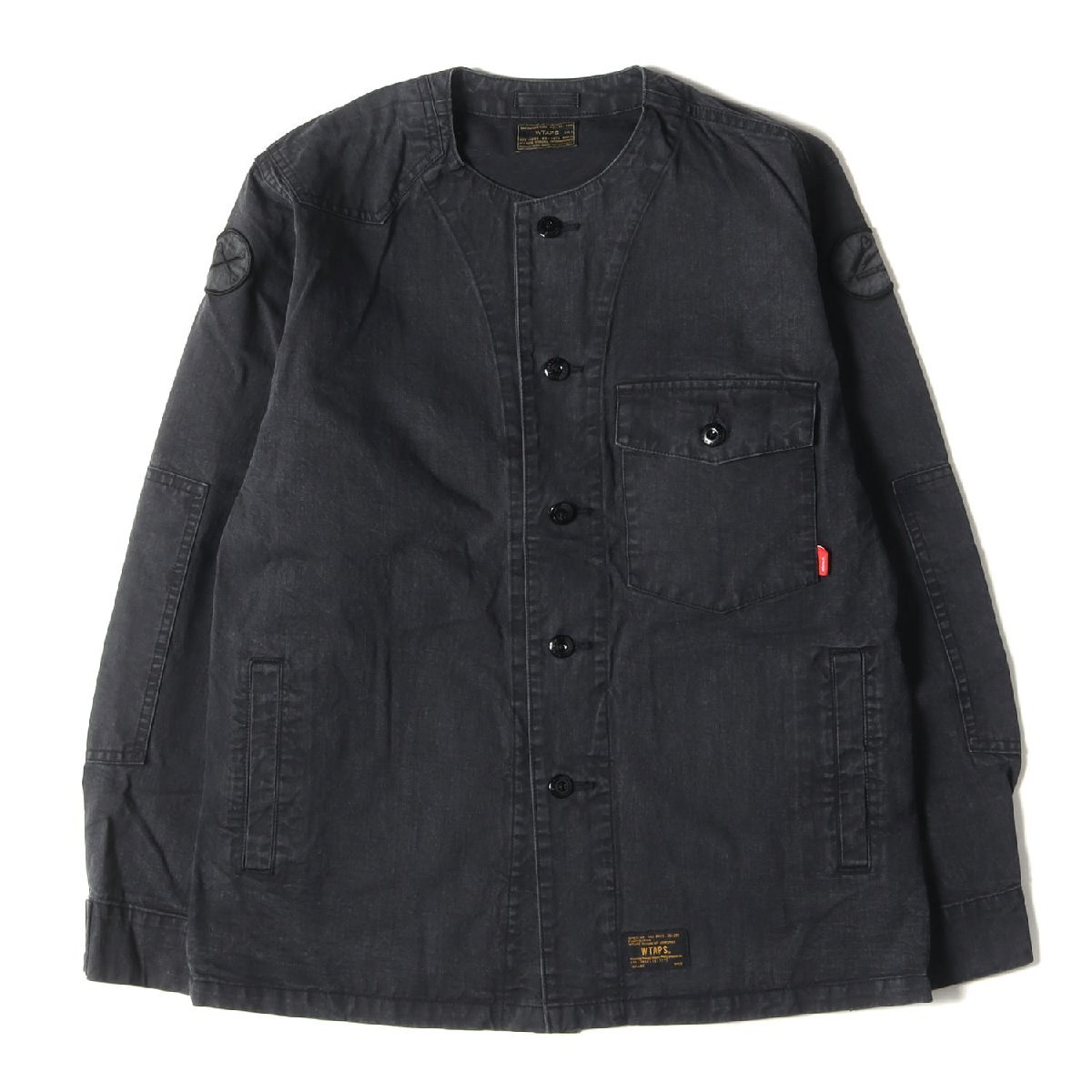 WTAPS ダブルタップス ジャケット サイズ:M クロスボーンワッペン付き ノーカラー ミリタリー シャツ ジャケット SCOUT LS 02 ブラック 黒