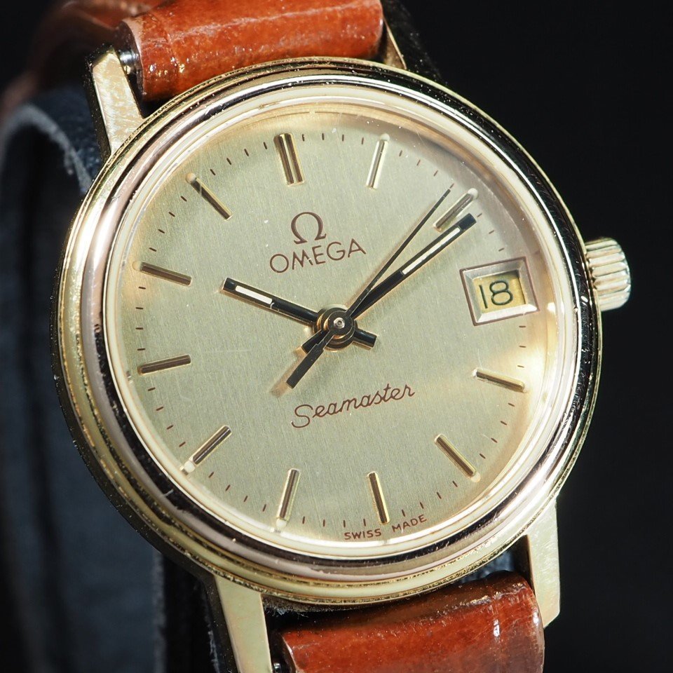 OMEGA オメガ SEAMASTER シーマスター GP/革 QZ バーインデックス ラウンドケース デイト レディース 腕時計 「23112」_画像2