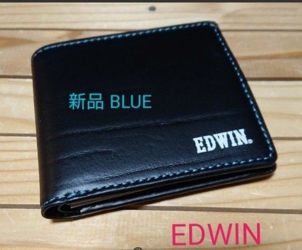 新品 財布 メンズ 二つ折り EDWIN エドウィン レザー color ブルー  二つ折り財布 牛革  本革 ステッチ