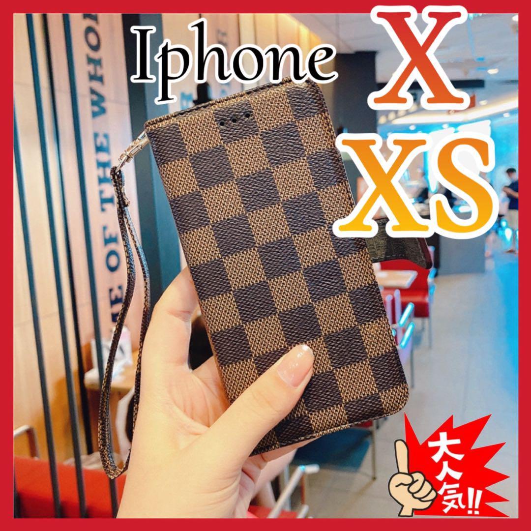 iPhoneX IphoneXsケース手帳型 茶色 チェック柄PUレザー 耐衝撃 大人気 アイホンX アイホンXsカバー ブラウンの画像1