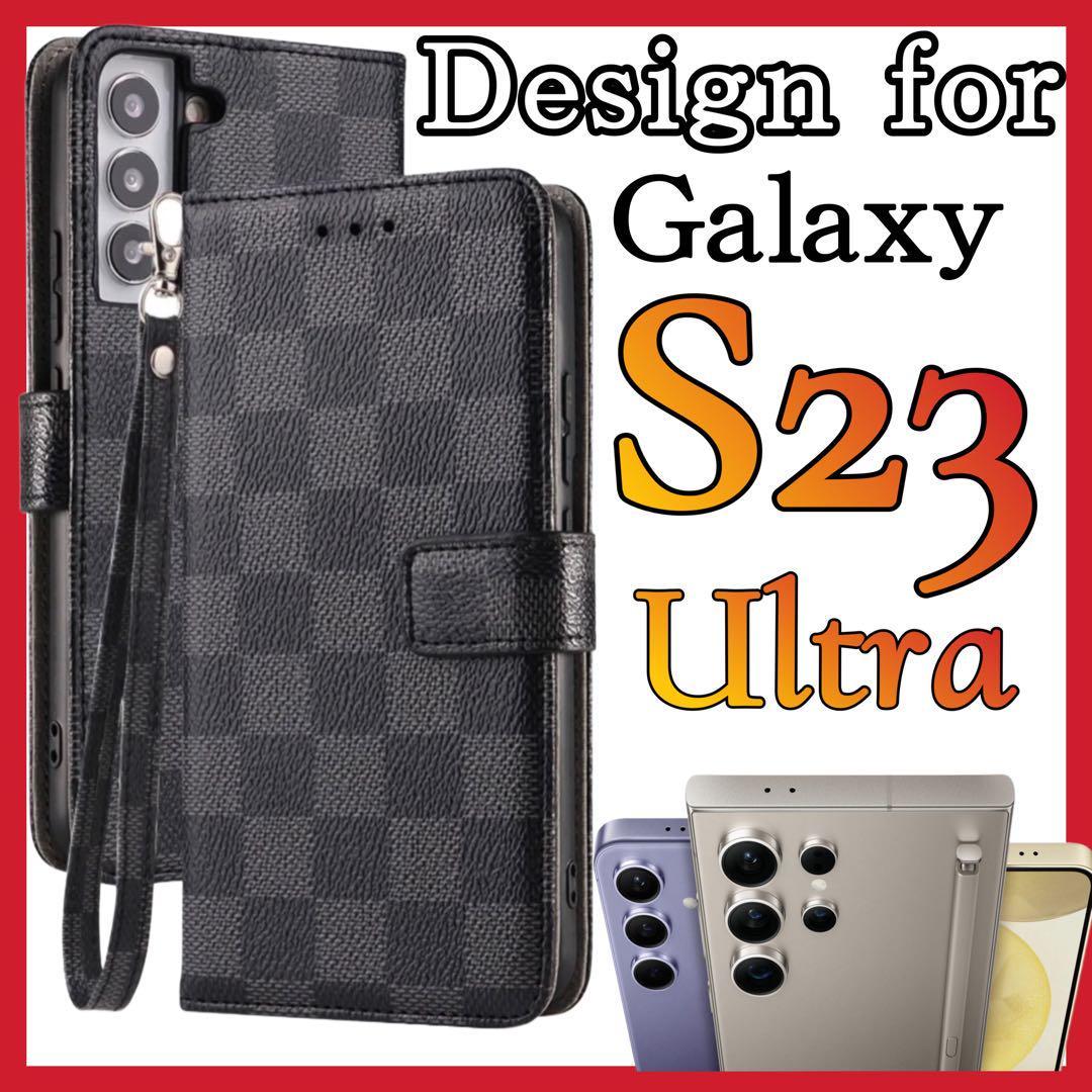 Samsung Galaxy S23ultraケース 手帳型 黒色　PUレザー チェック柄　大人気　サムスンギャラクシーS23ウルトラカバー　ブラック_画像1