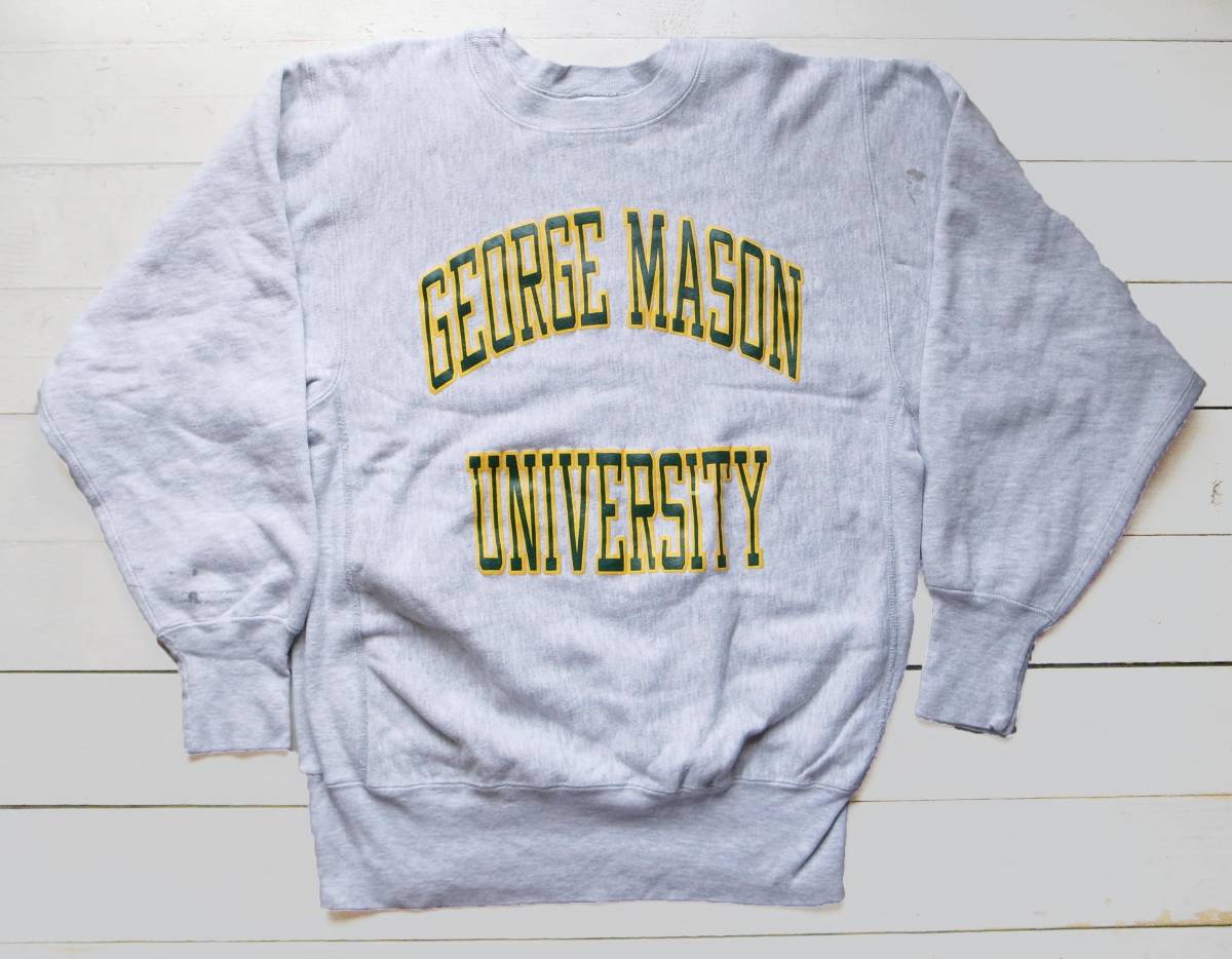90's Champion チャンピオン GEORGE MASON UNIVERSITY ジョーシメイソン大学 リバースウィーブ 刺繍タグ L 杢グレー USA製 ビンテージ
