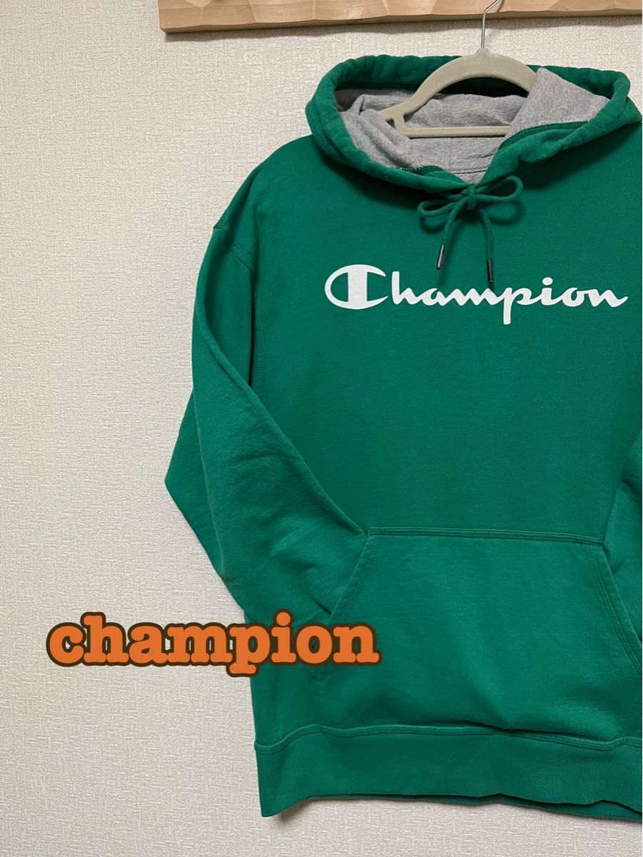 【champion】チャンピオン プリント　ワンポイントロゴプルオーバーパーカー グリーン古着
