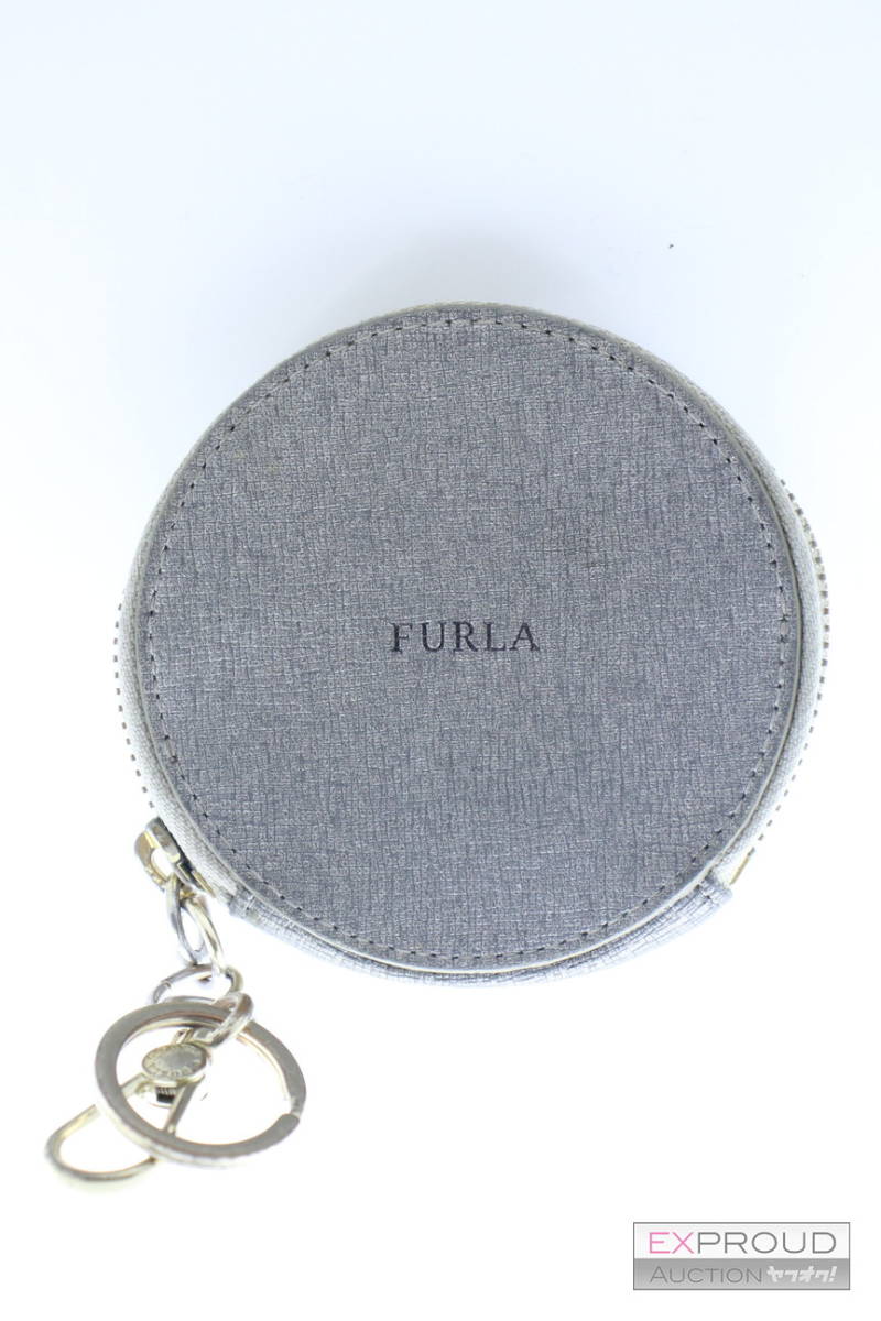  superior article *R63 FURLA Furla coin case leather PVC round fastener round type change purse . round lady's silver approximately 9.5×1.5cm
