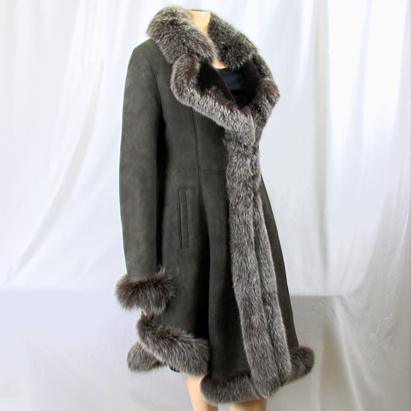 * gorgeous . fox trim Britain Ram mouton coat k real fur lady's outer Brown *