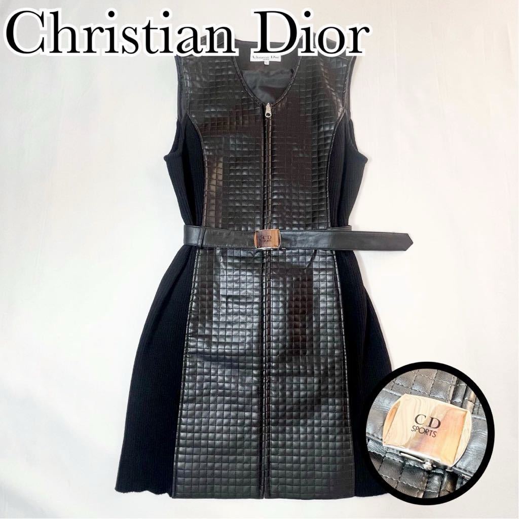 Christian Dior ディオール　スポーツ　レザー　リブ　ジップ　ジップアップ　ノースリーブ　ワンピース ゴルフ　スポーツ　黒　送料無料