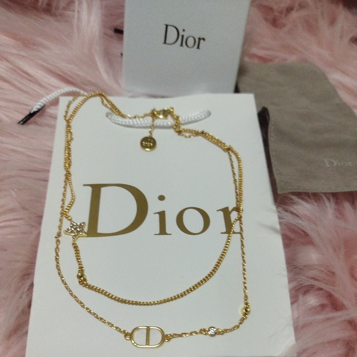 Christian Dior ロゴ 2連ネックレス 新品未使用箱ショッパー付き ゴールド アクセサリー クリスチャン ディオール ラインストーン_画像2