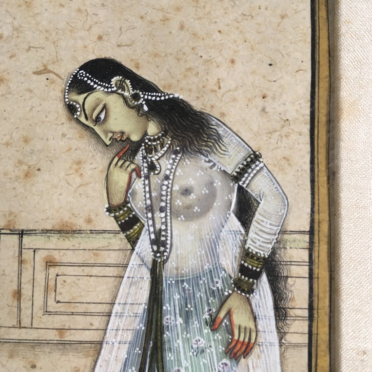 フリマ001：インド　ミニアチュール　細密画　女性と犬　肉筆