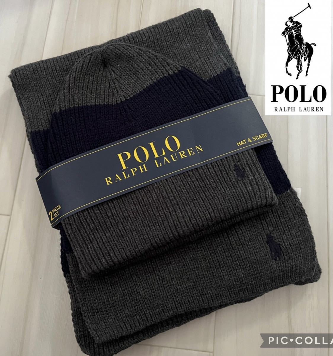 【送料無料】新品★POLO RALPH LAUREN ポロ ラルフローレン★マフラー＆ニット帽 セット キャップ 帽子 ビーニー グレー/紺_画像1