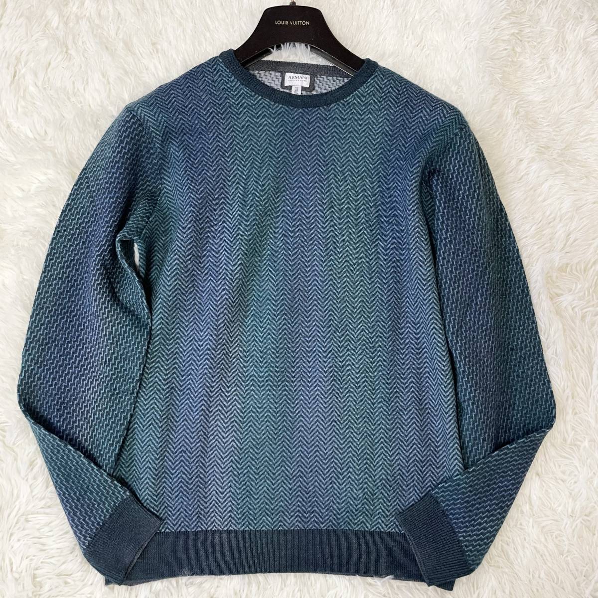 極美品★アルマーニ【圧倒的な高級感】ARMANI COLLEZIONI ニット セーター グラデーション グリーン ヘリンボーン 48 L相当 ラムウール_画像1