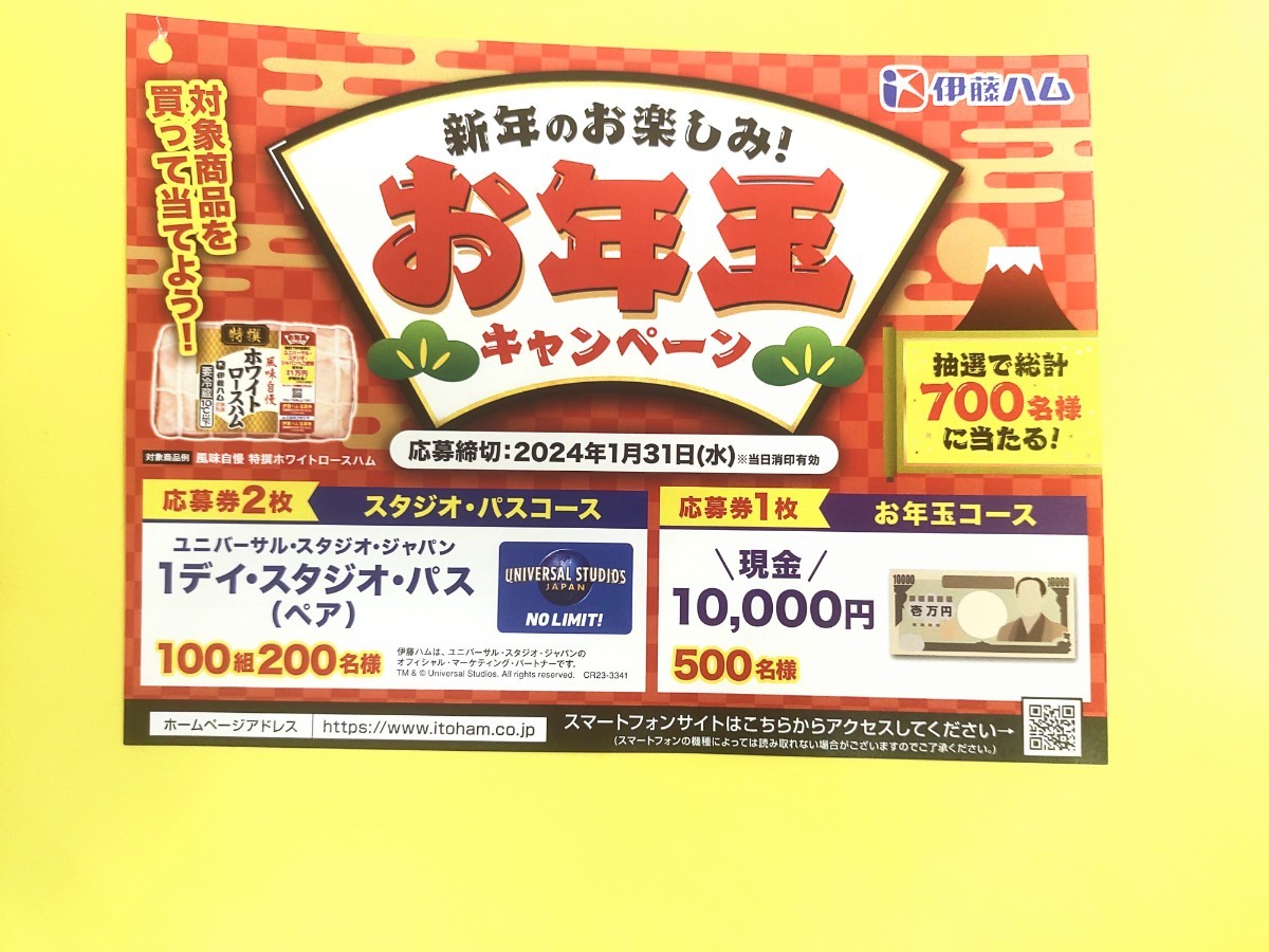 懸賞応募★現金１万円が500名様に当たる！お年玉 キャンペーン はがき付 伊藤ハム　応募券 金 カネ かね_画像1