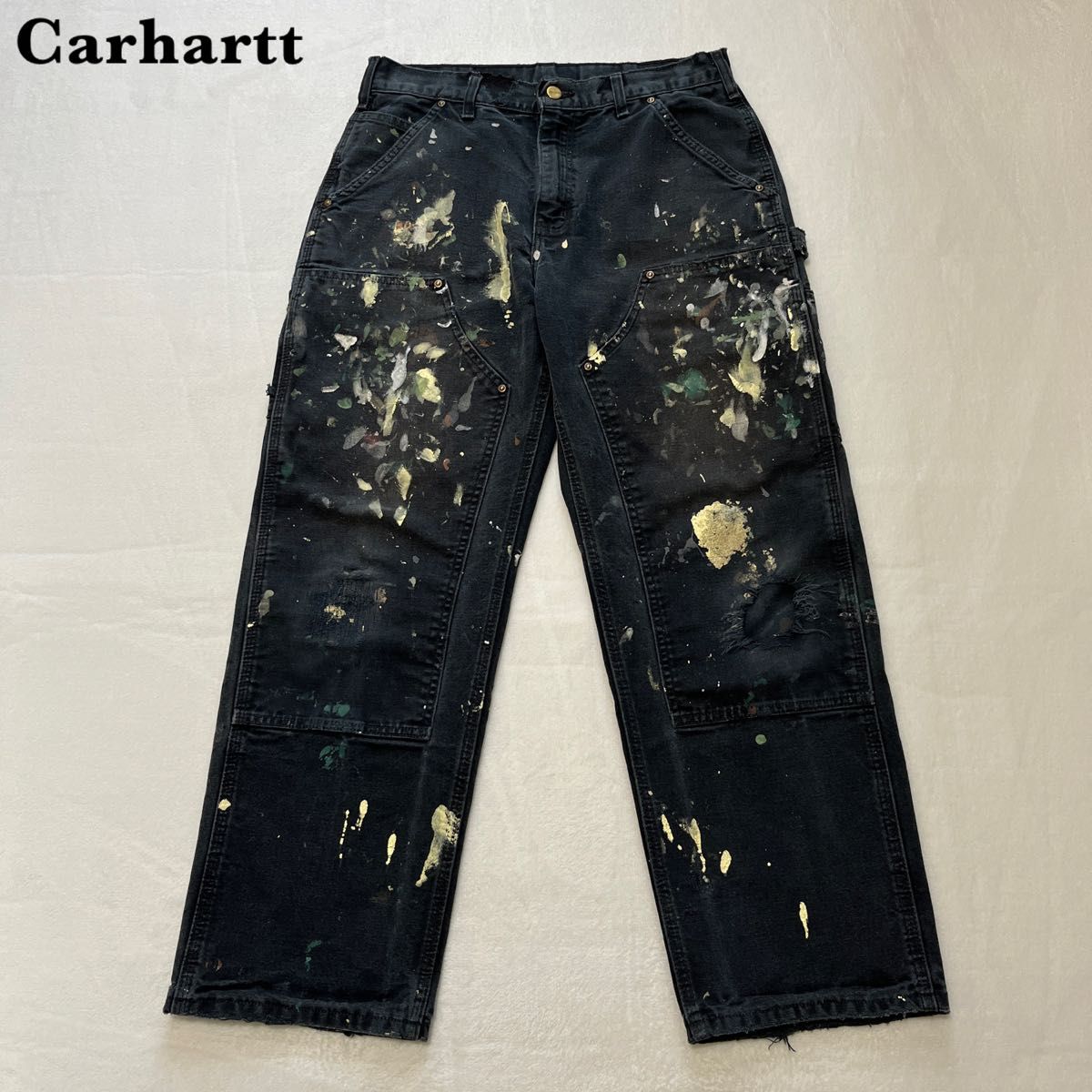 USA製】Carhartt カーハート ダブルニー ペンキ飛び ブラック USA製】Carhartt カーハート ダブルニー ペンキ飛び ブラック