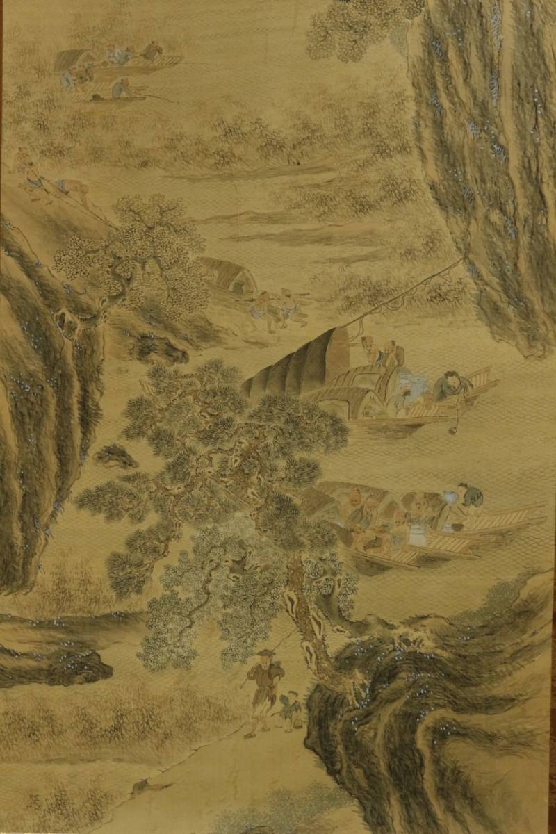 【LIG】中国画 董洲在銘 錦水漁楽 掛軸 絹本肉筆 風景画 旧家蔵出品 [.QT]23.2_画像4