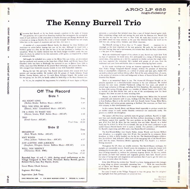 ★ 紙ジャケット廃盤CD ★ Kenny Burrell Trio ケニー・バレル ★ [ A Night At The Vanguard ] ★ 素晴らしいアルバムです。_画像6