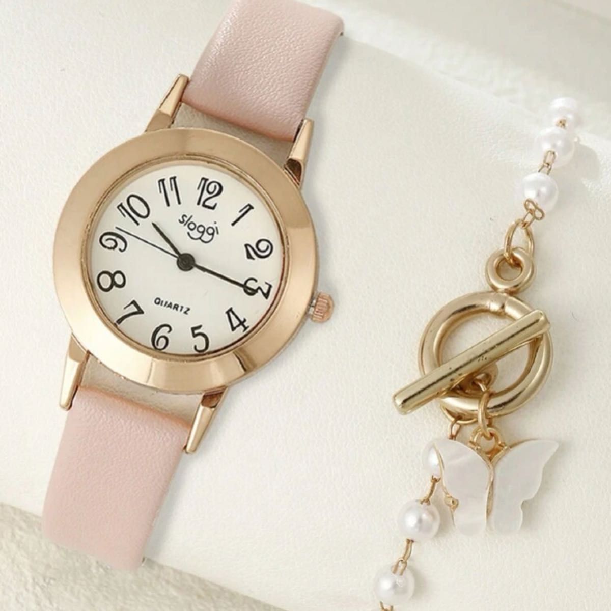 新品　シンプル腕時計　ブレスレットセット　パール　きれいめ　お洒落　大人可愛い フェミニン　ピンク　 クォーツ アナログカジュアル